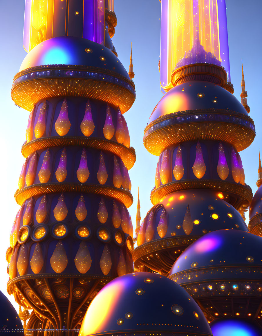 Futuristic cityscape with glowing spherical structures in golden sky