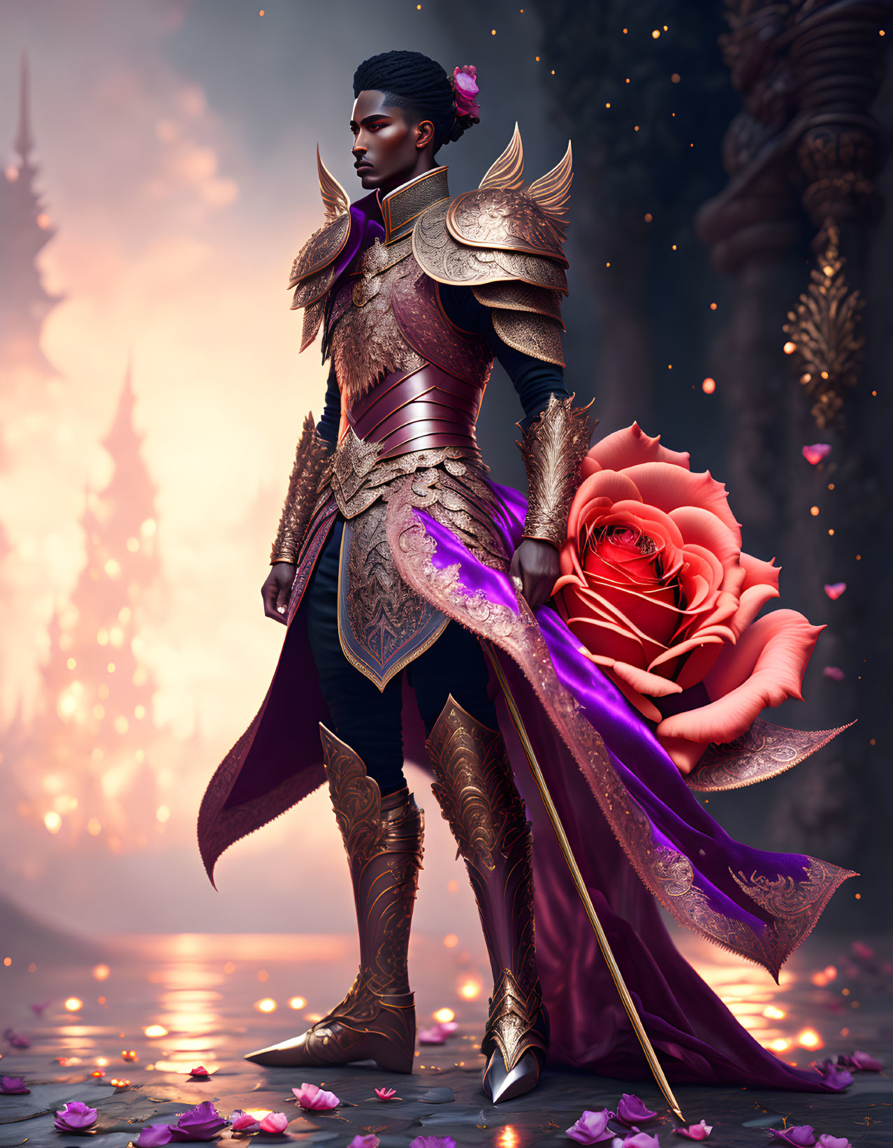 Regal warrior in golden-trimmed purple armor with giant rose.