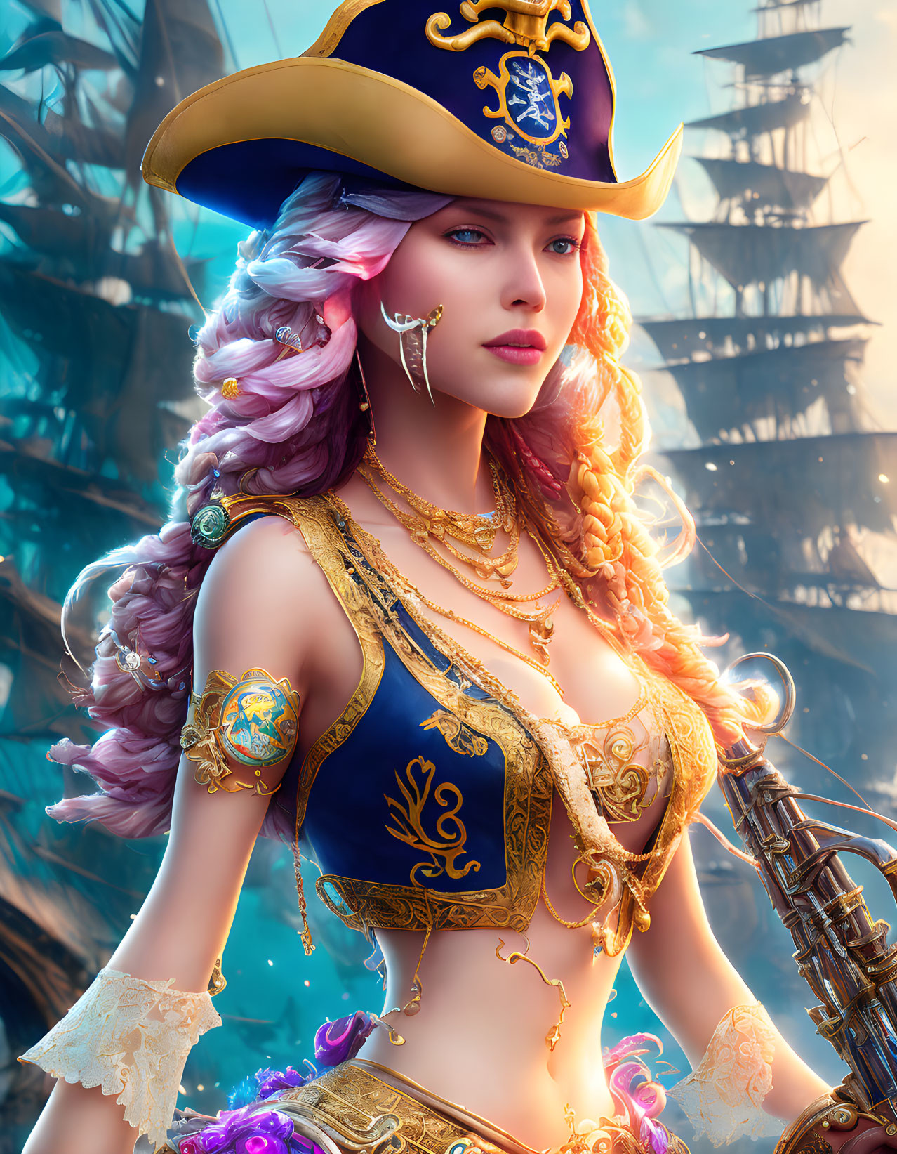 Detailed Female Pirate Illustration with Pink and Purple Hair, Golden-Trimmed Blue Coat, Tricorn