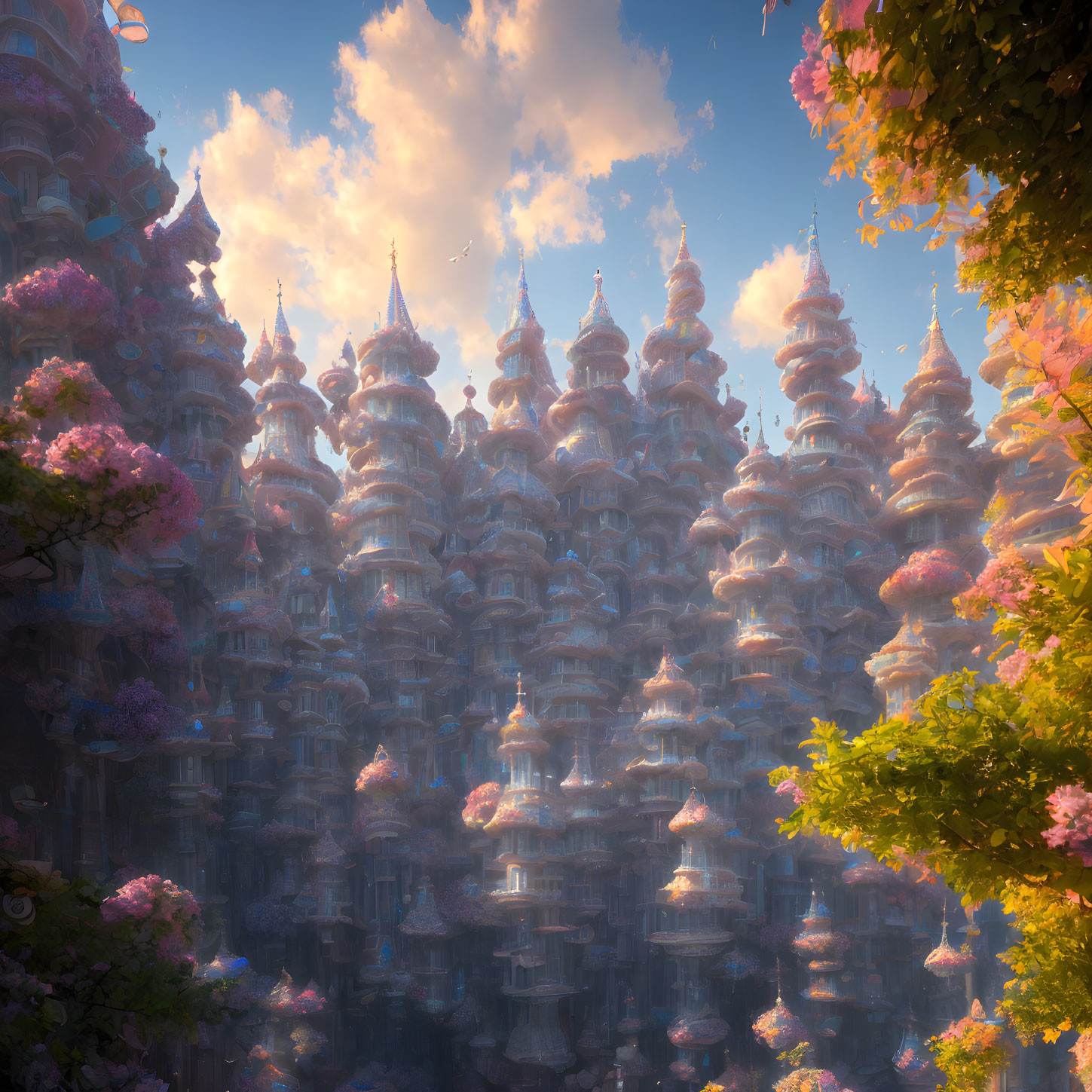 Fantastical city with towering spires and pink blossoms under warm sky