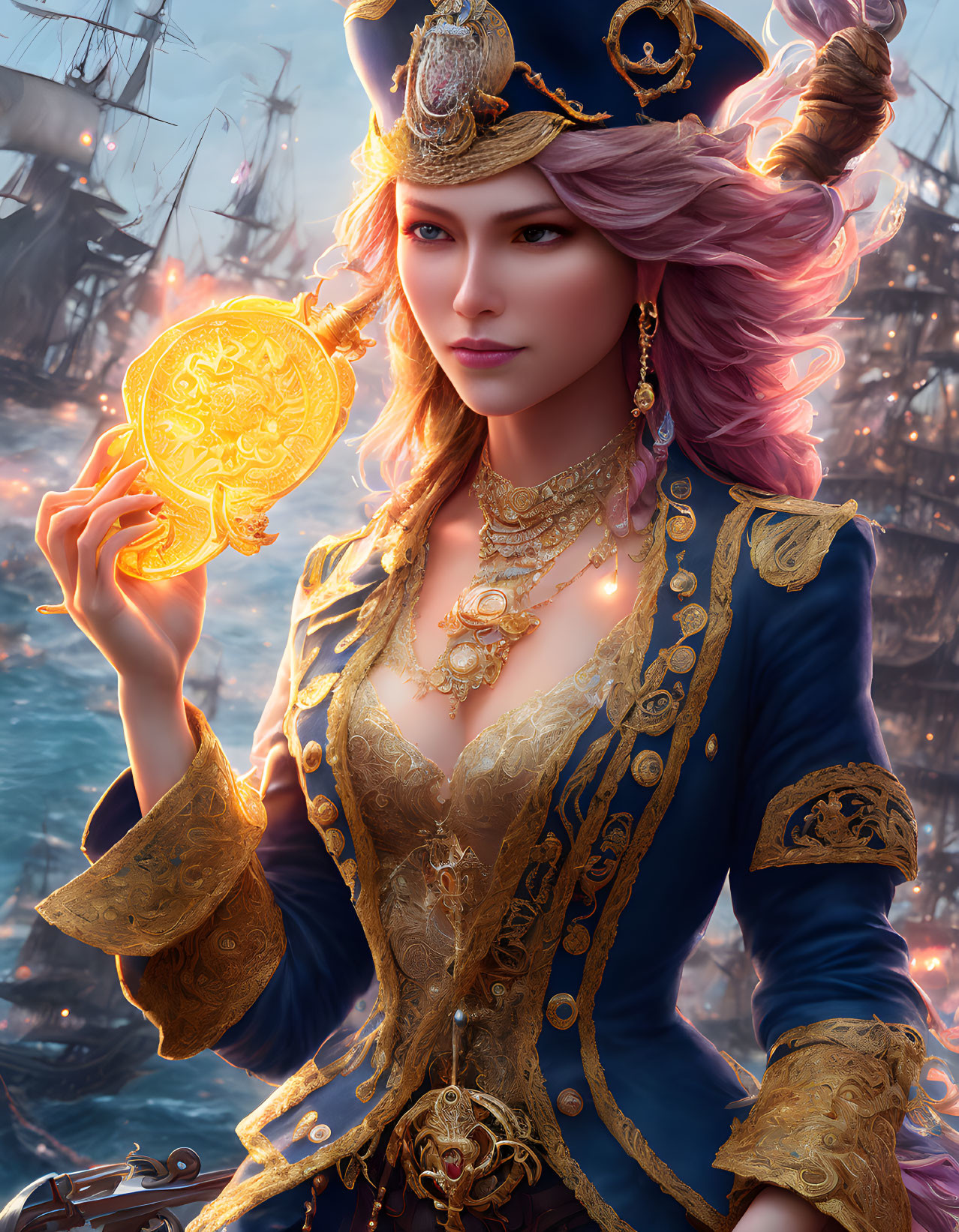 Detailed digital artwork: Woman in naval uniform with glowing coin in fiery battle backdrop