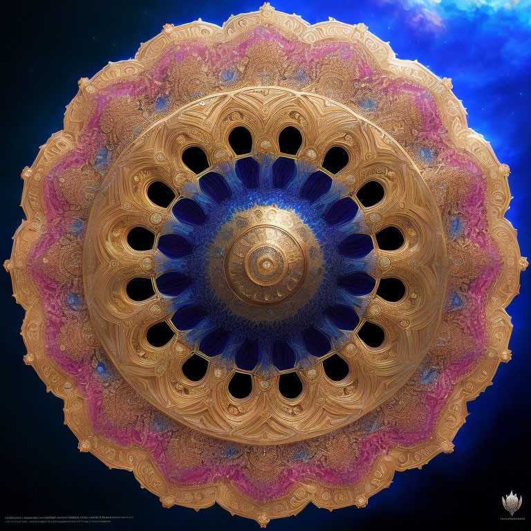 Golden mandala on blue center against starry space background