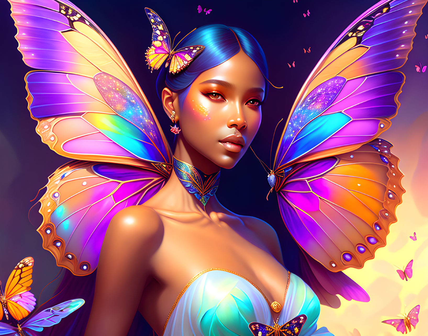 Digital artwork of woman with butterfly wings and antennae surrounded by butterflies on purple and gold backdrop