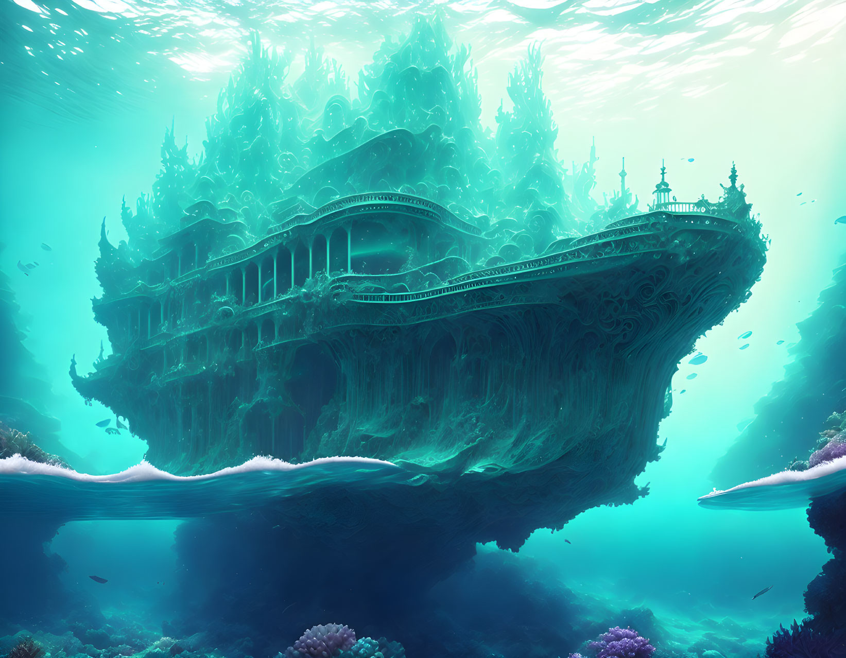 Intricate fantasy floating island with marine flora