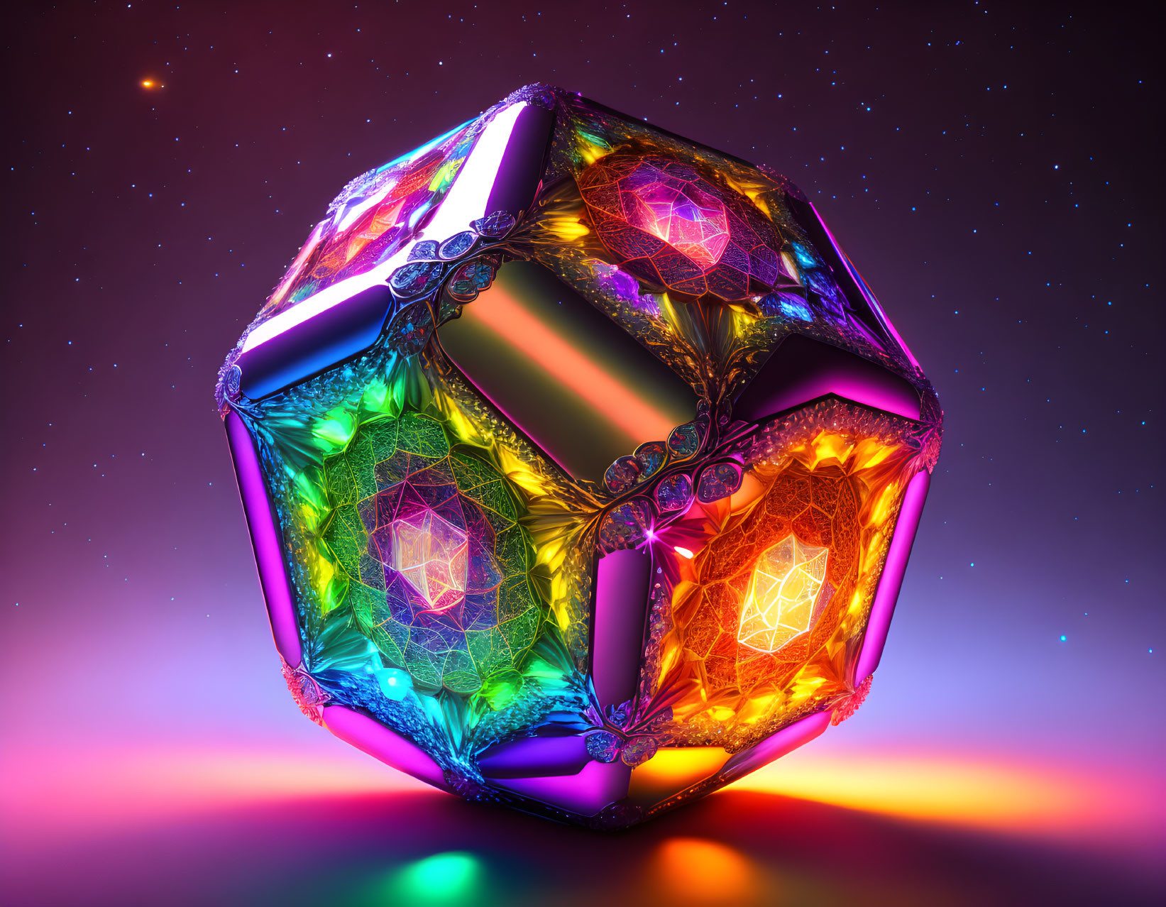 Colorful Glowing Dodecahedron Against Starry Night Sky