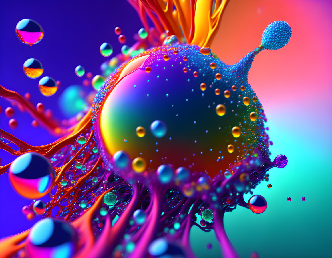 Colorful Abstract Art: Central Spherical Element with Droplets