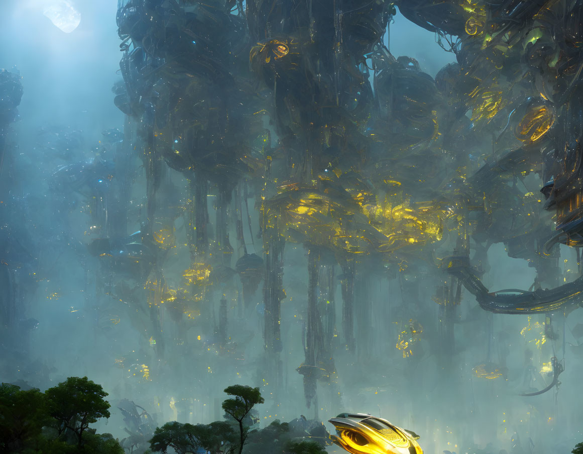 Mystical forest with alien trees, yellow lights, and futuristic structure