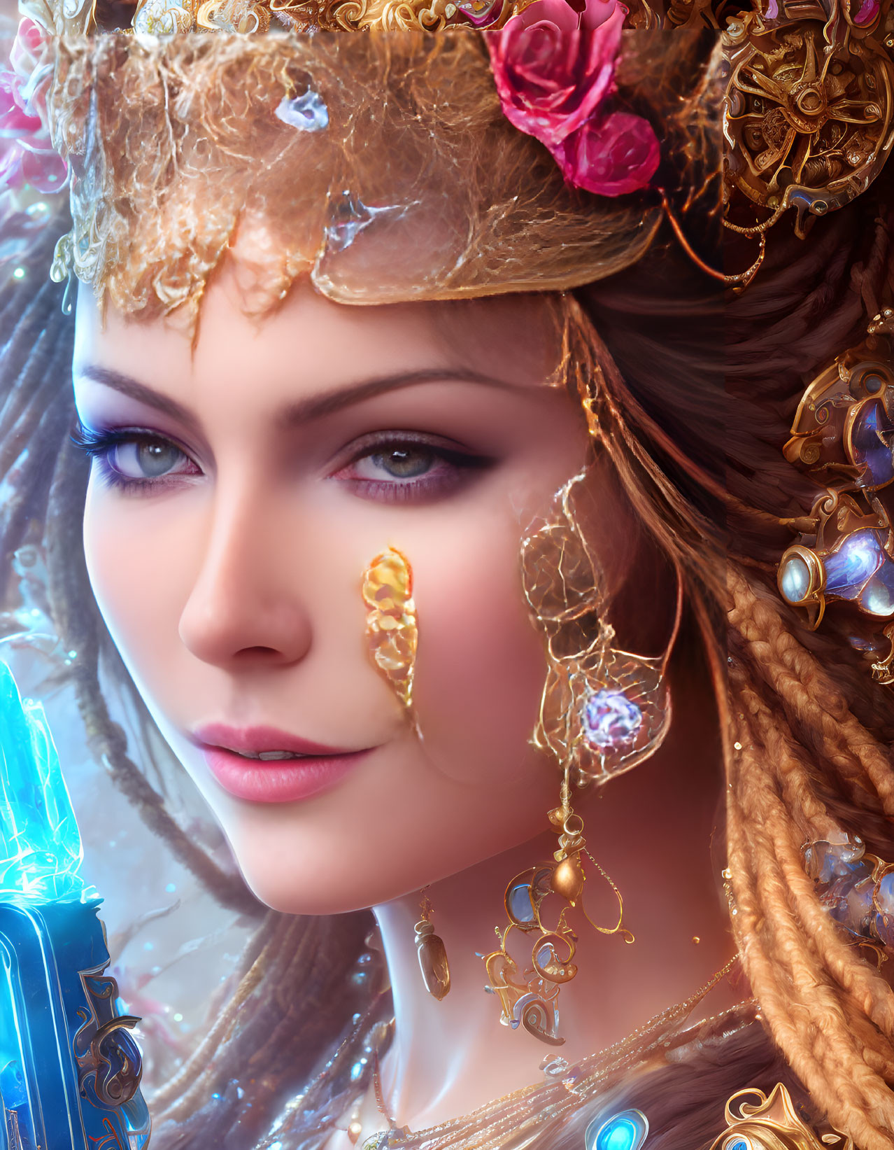 Fantasy makeup woman in gold attire with crystal staff