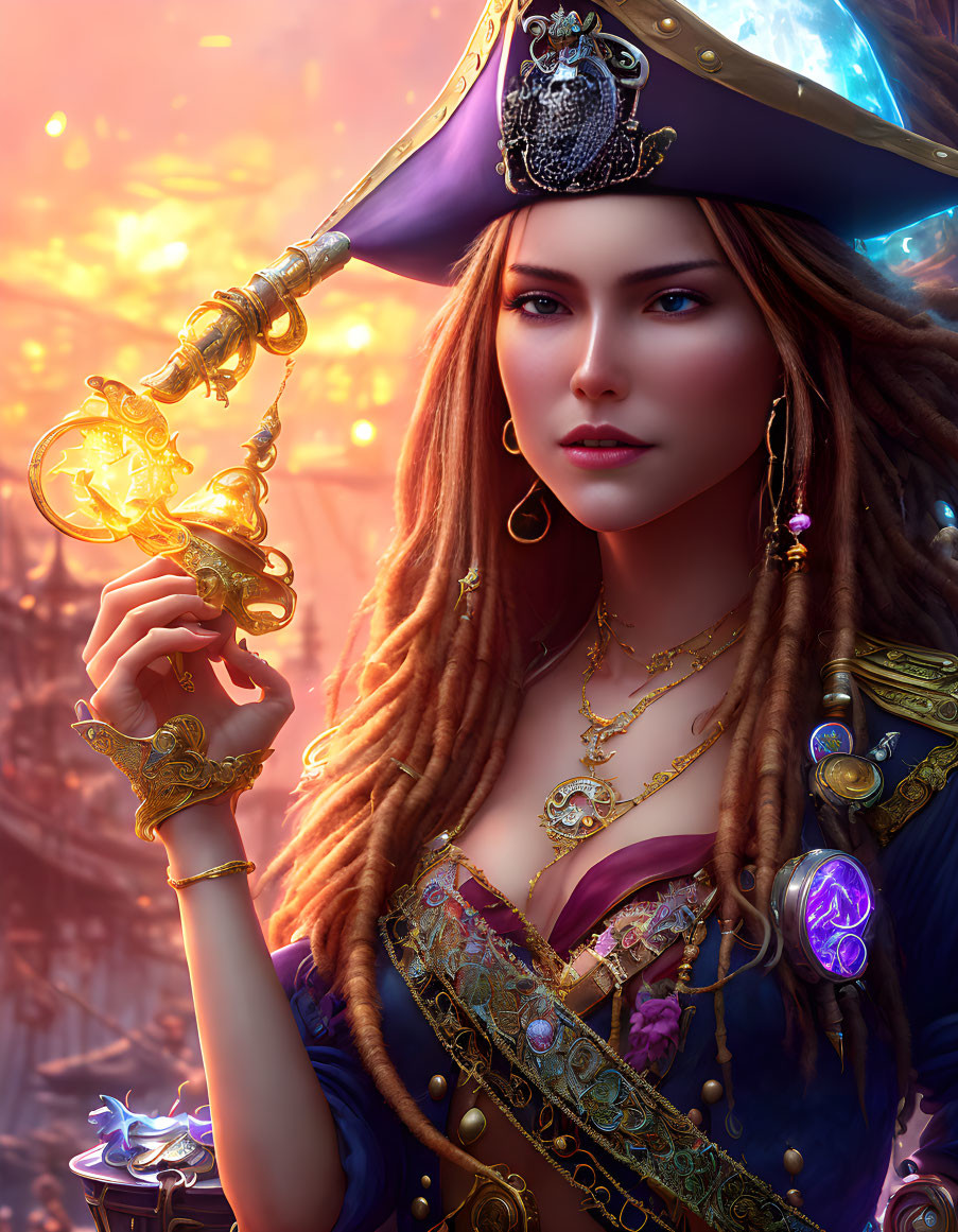 Detailed Illustration: Woman as Pirate with Golden Compass, Ornate Hat & Jewelry