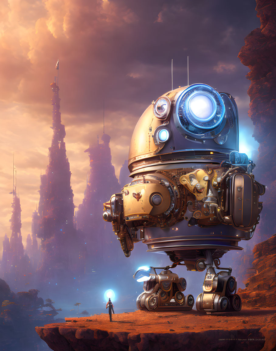 Large intricate robot and person in futuristic rocky alien landscape