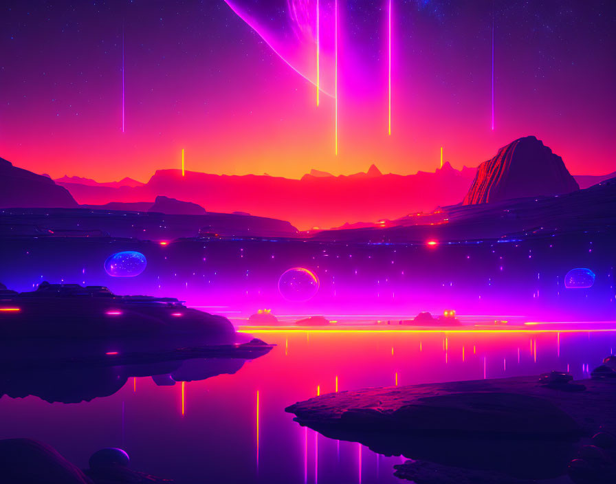 Futuristic sci-fi landscape with purple and pink sky, reflective water, and vertical light beams