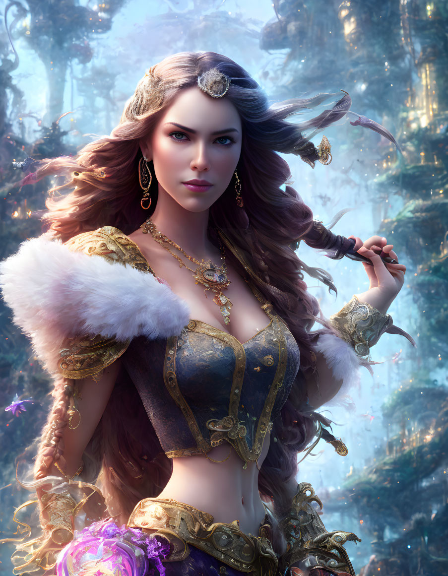 Fantasy digital artwork: Female figure in medieval attire with glowing orb in enchanted forest