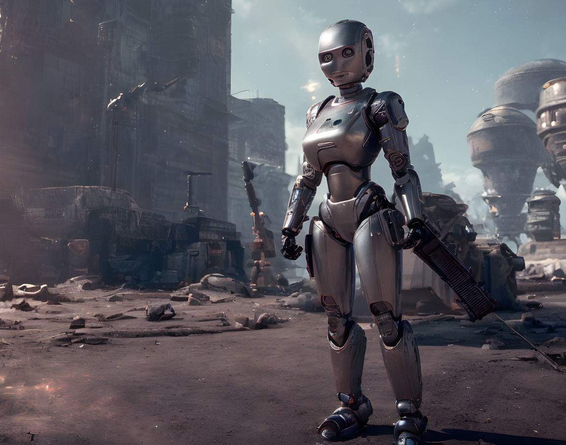 Sleek silver humanoid robot in dystopian landscape with red accents