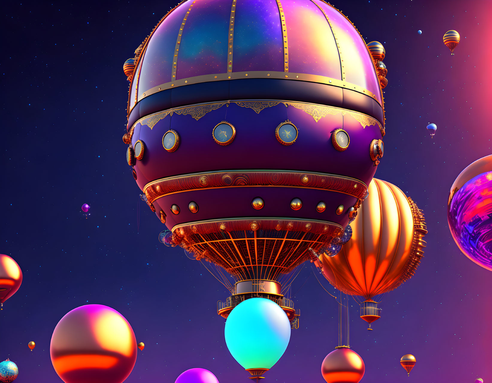 Colorful digital artwork: Ornate hot air balloons float among surreal planets