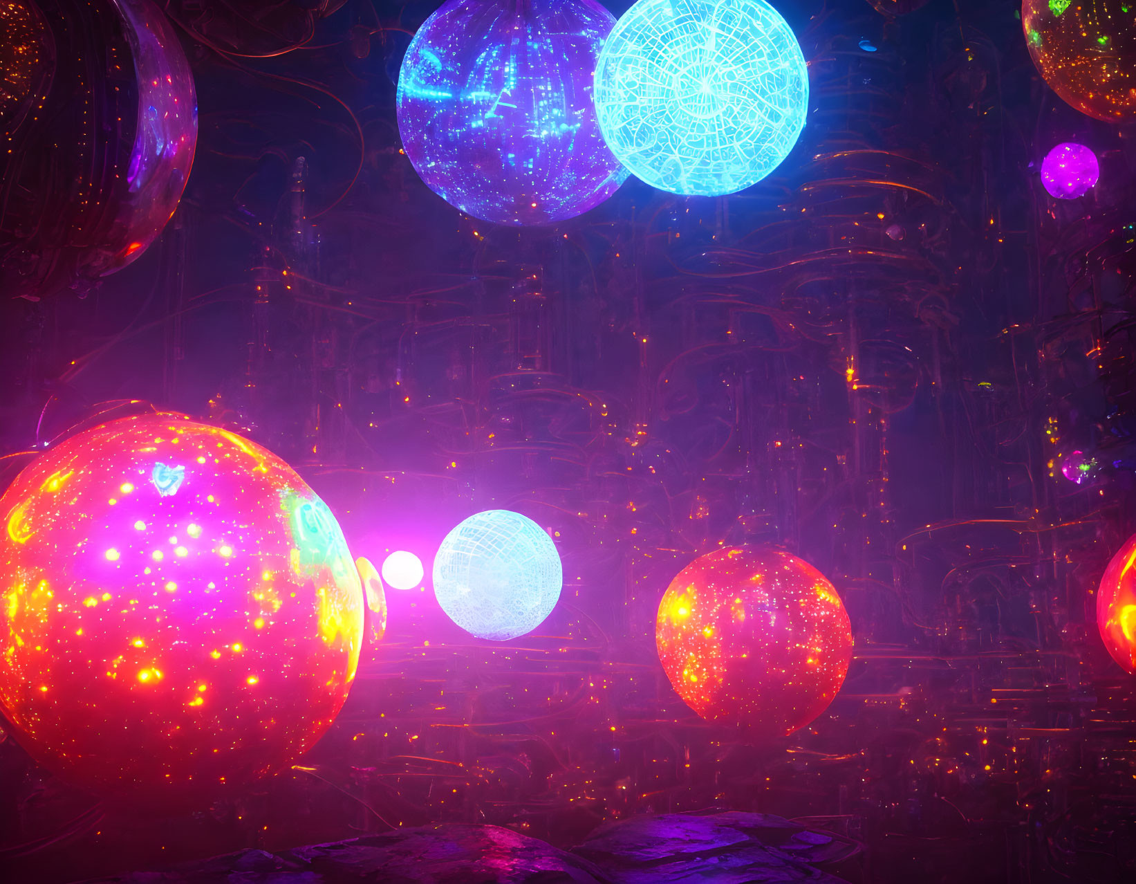 Colorful neon orbs in surreal metallic structures