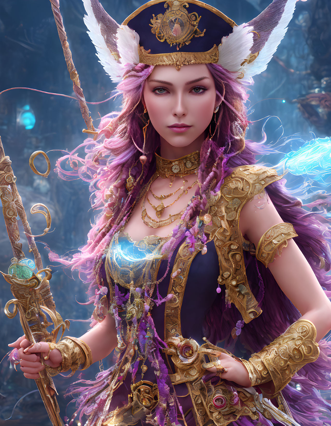 Pink-haired female warrior in golden armor with magical staff and glowing blue energy