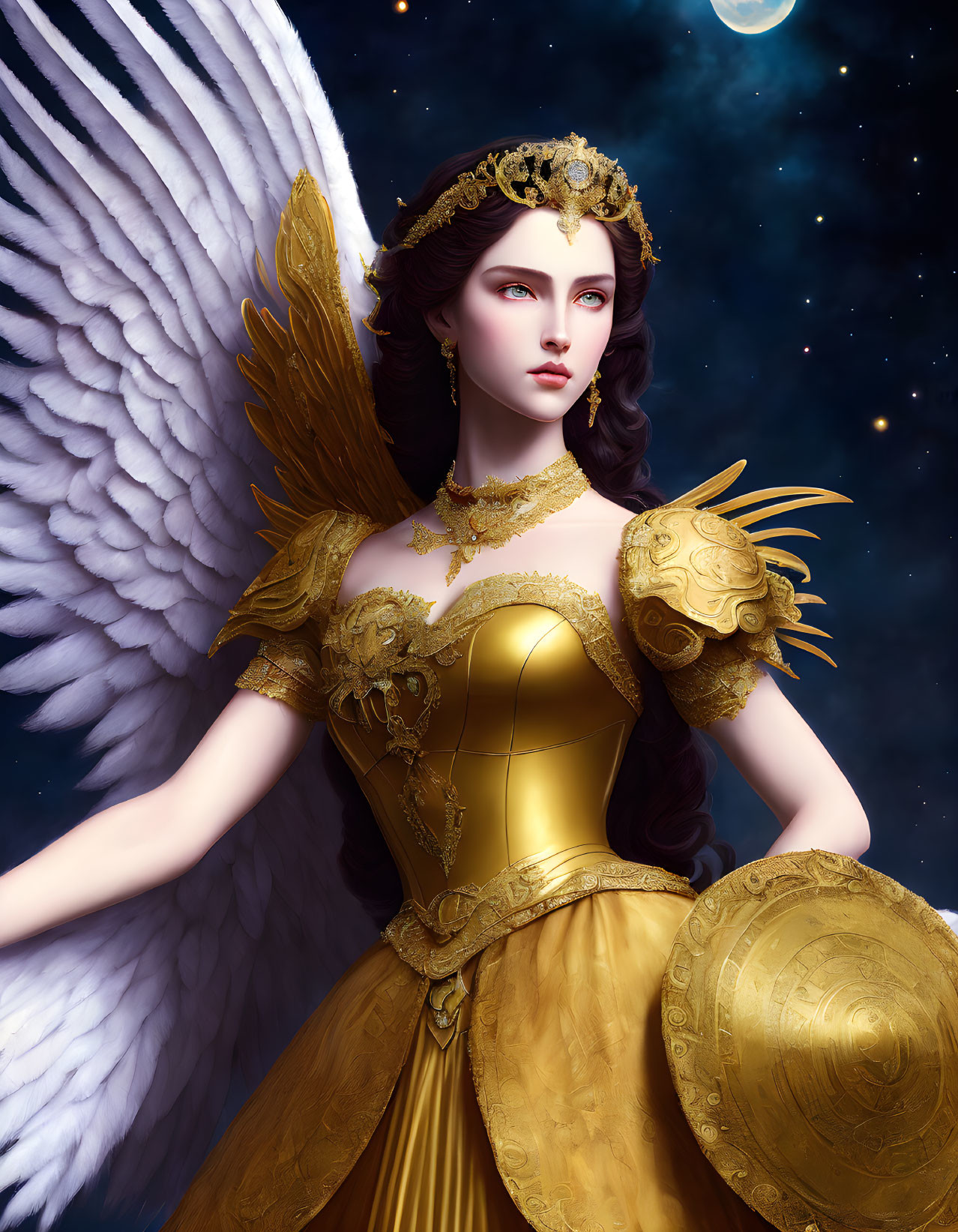 Fantasy figure with angelic wings in golden gown against starry sky
