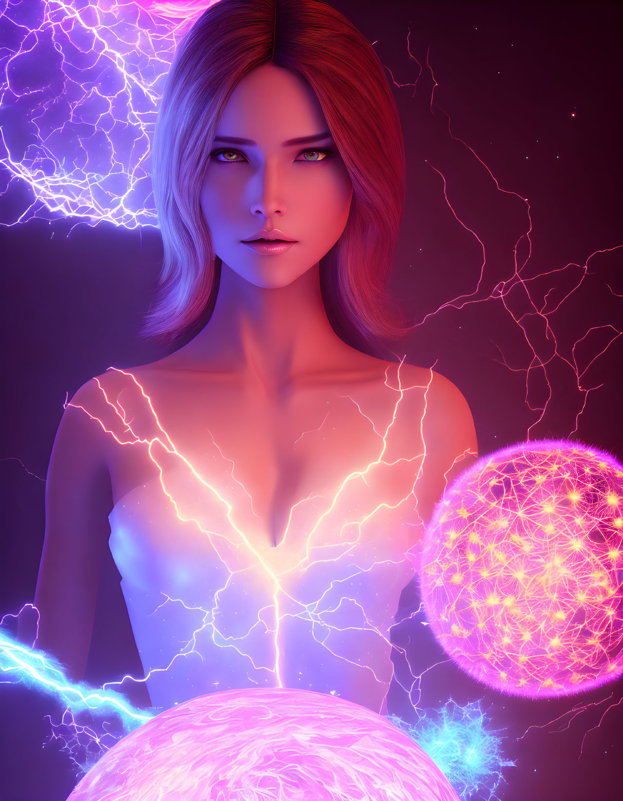 Vibrant digital art portrait of a woman with striking eyes in pink and purple lights