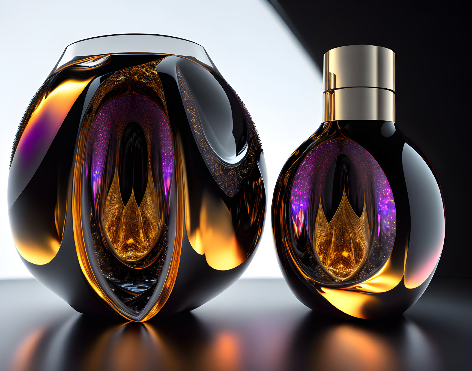 Luxurious Perfume Bottles with Purple and Orange Accents on Black and White Background