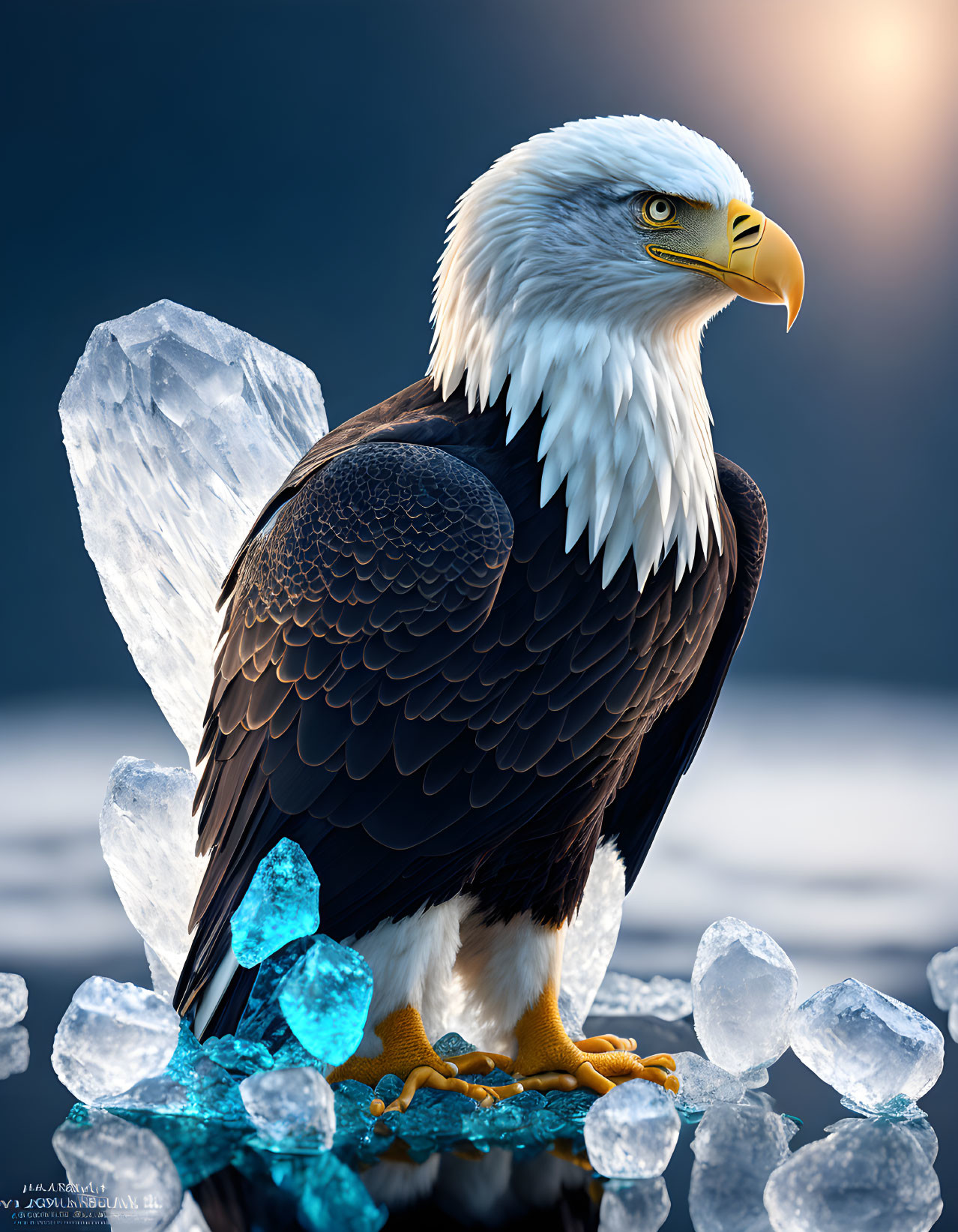 Bald eagle perched on blue rocks under glowing sun