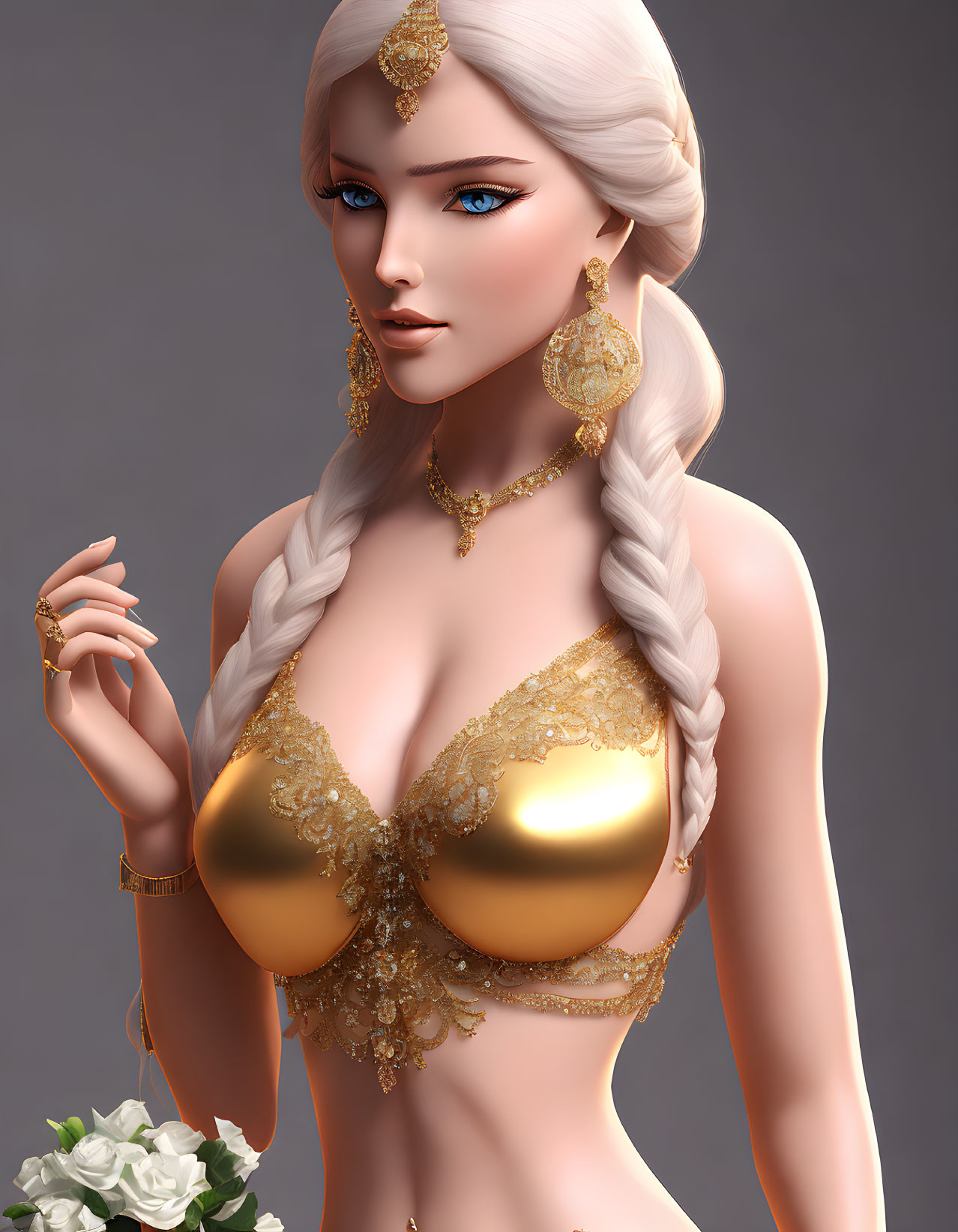 Pale-skinned woman with platinum blonde braid in gold attire against grey background