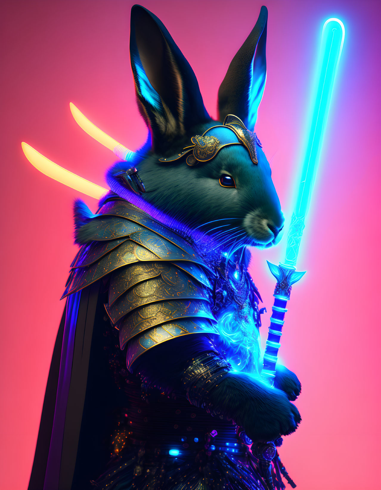 Anthropomorphic Rabbit in Ornate Armor with Glowing Blue Sword