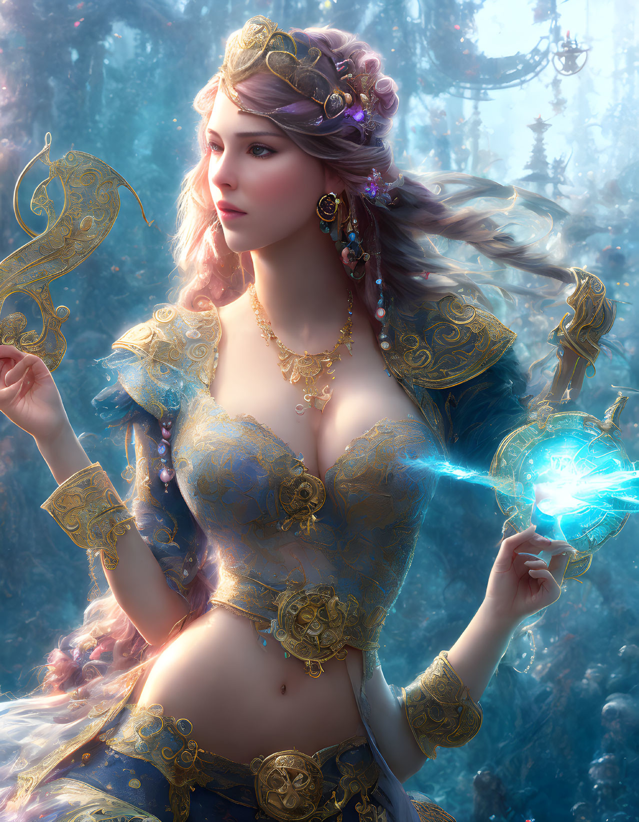 Fantasy image: Woman in golden attire with magical object in mystical forest