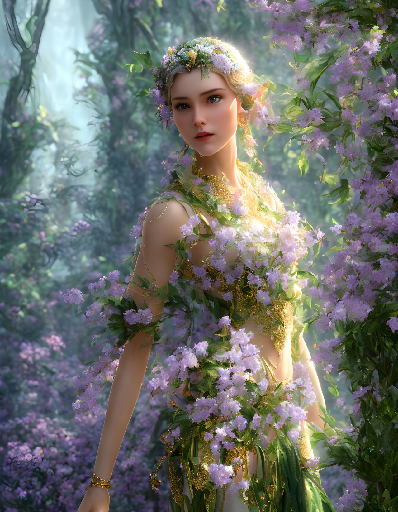 Woman in mystical forest adorned with flowers and vines