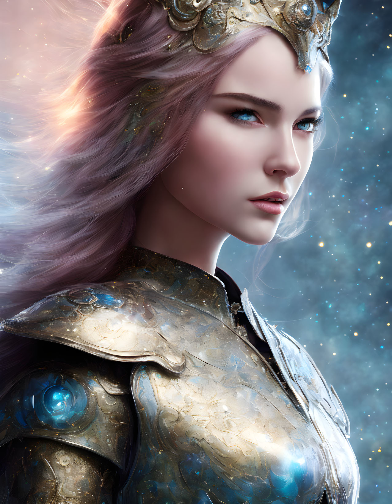 Regal woman in golden crown and armor on cosmic background