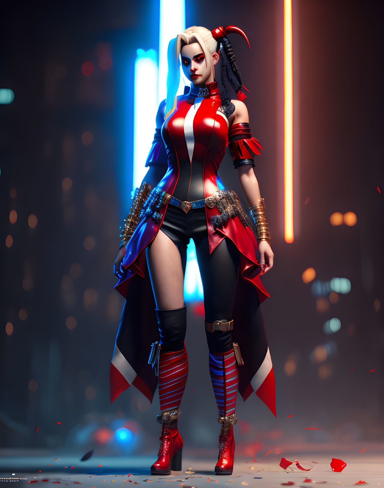 Stylized 3D illustration of woman with punk-inspired outfit and dual-toned hair against neon