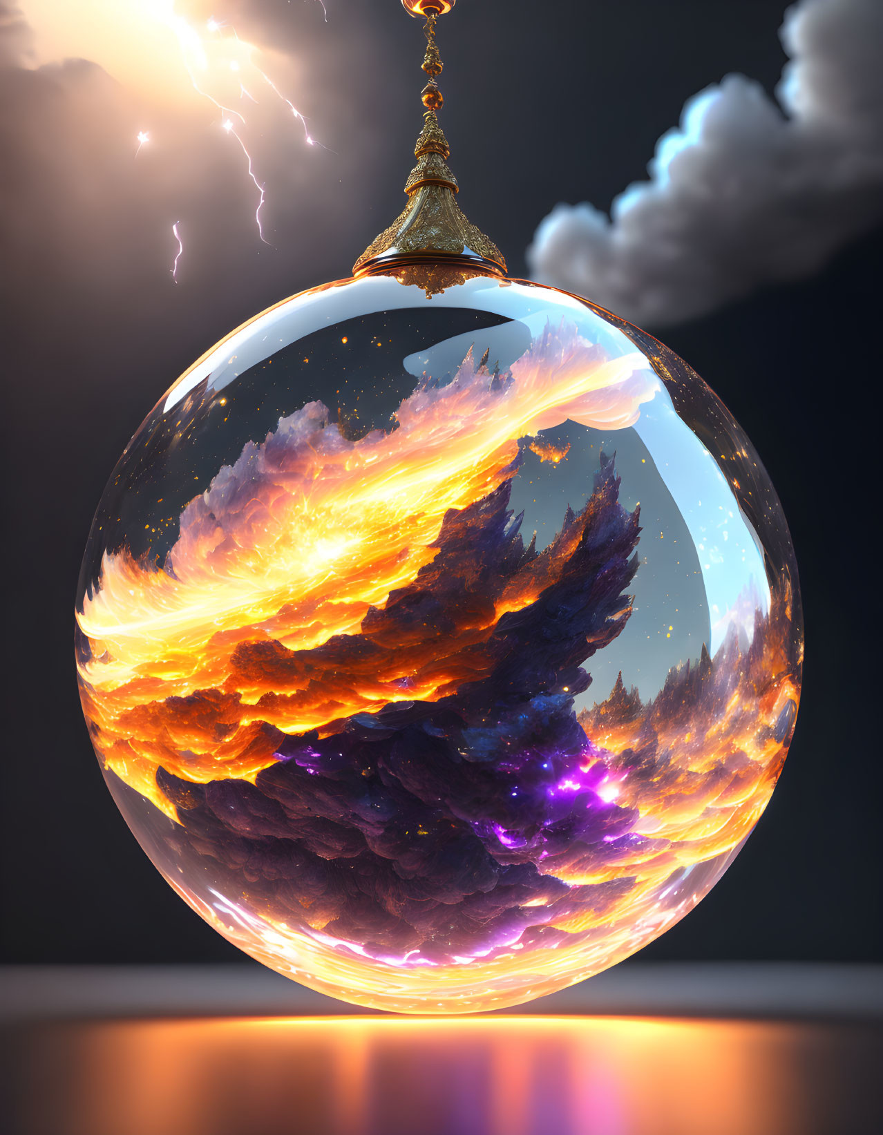 Glass Orb with Cosmic Scene and Lightning Strike Displayed