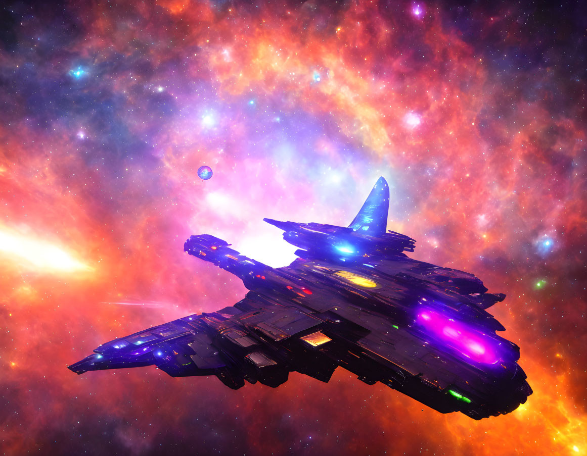 Colorful Space Scene: Detailed Spaceship in Vibrant Nebula Sky