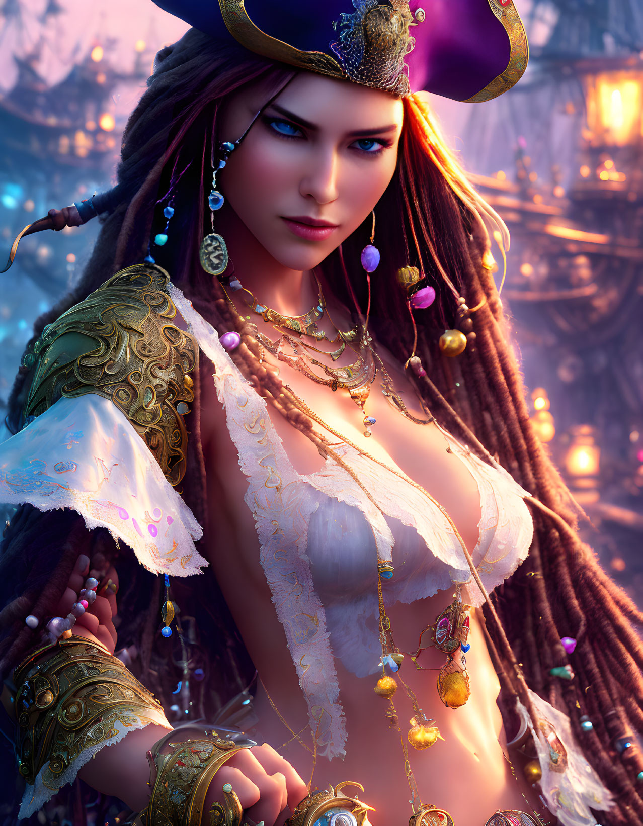 Female pirate digital artwork with tricorn hat and gold-trimmed attire against ship backdrop