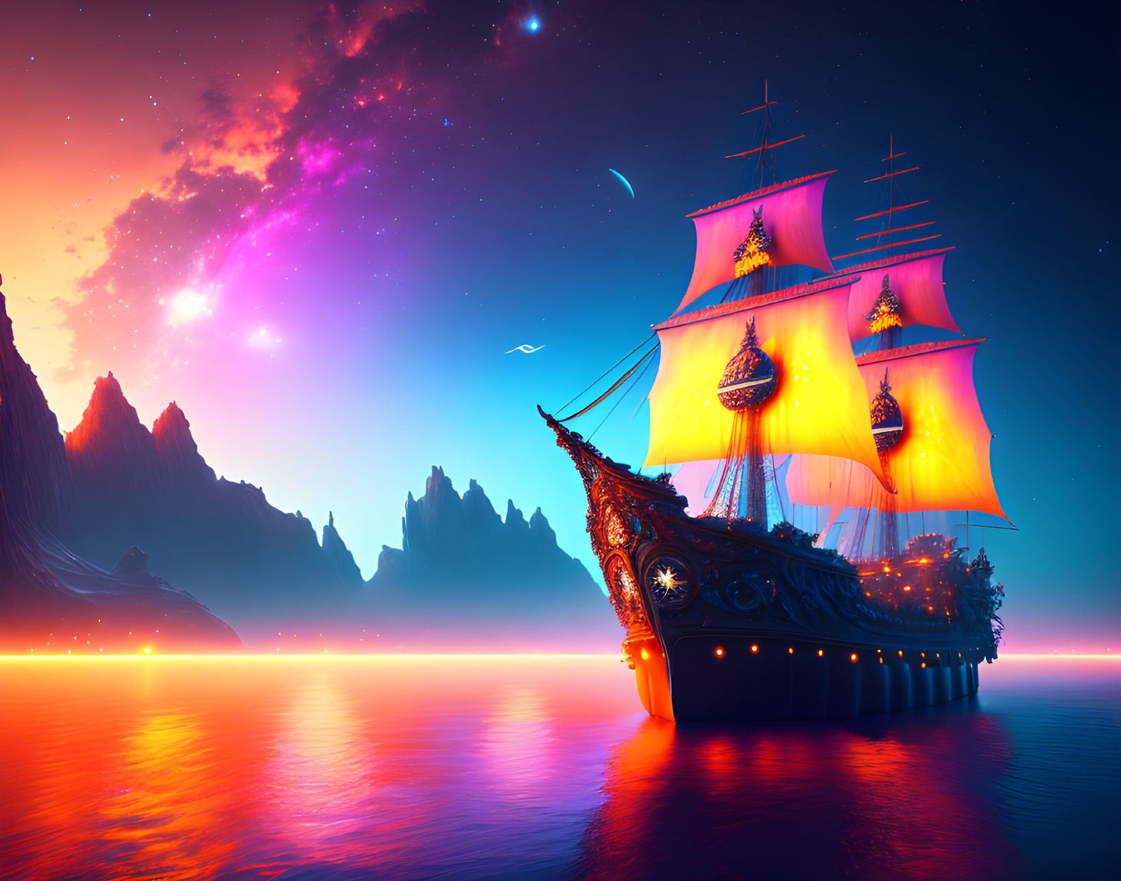 Glowing yellow sails on luminous ship in magenta sea at dusk