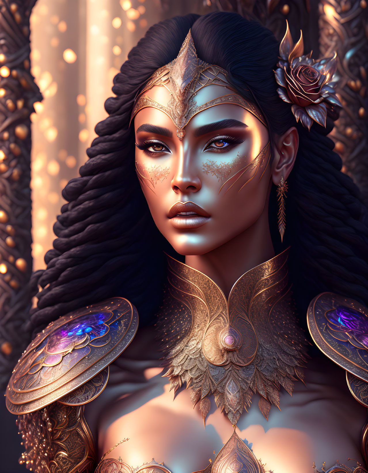 Intricate digital portrait of woman with golden face armor and purple gemstones