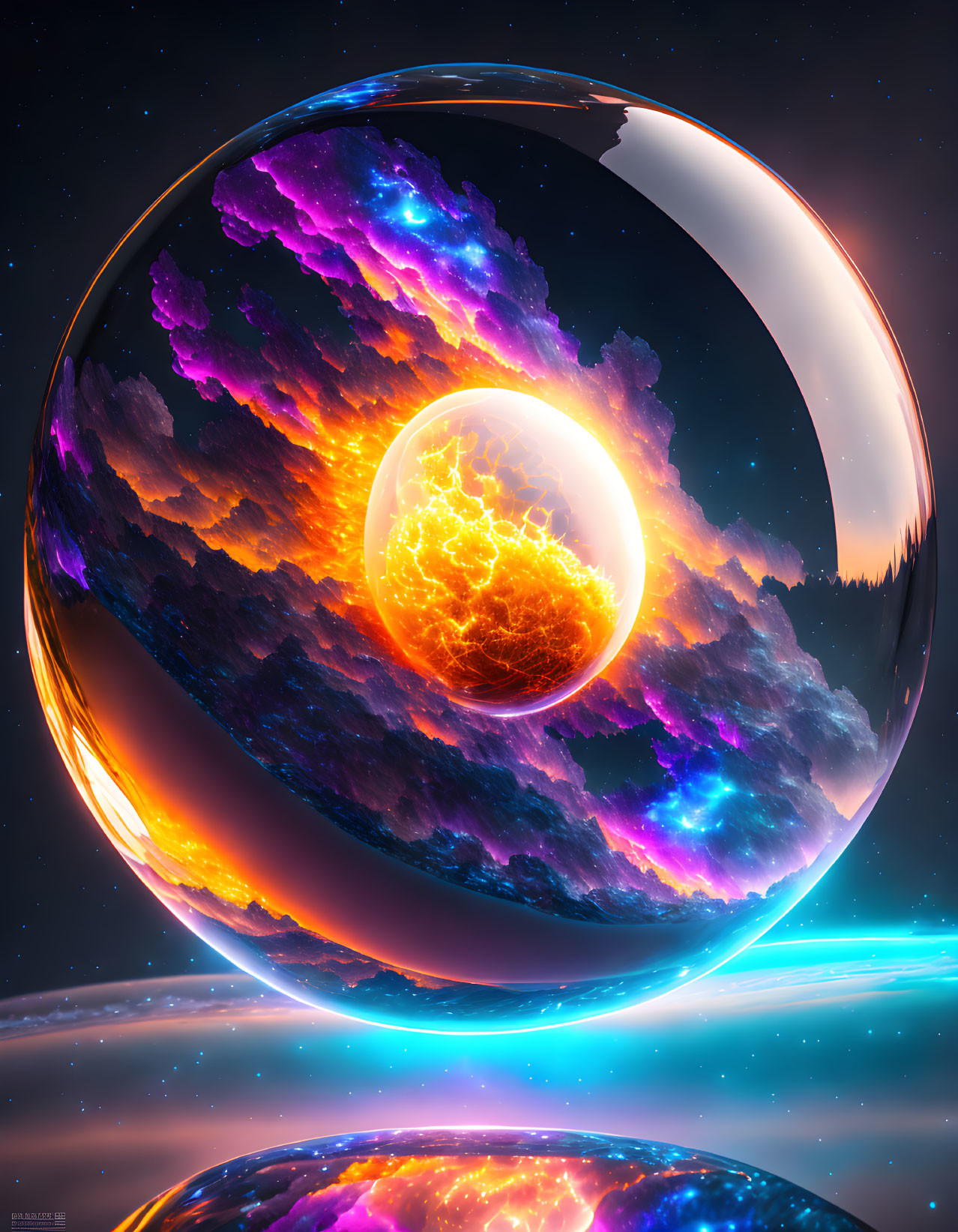 Futuristic glowing orb in transparent shell with cosmic clouds on starry space background