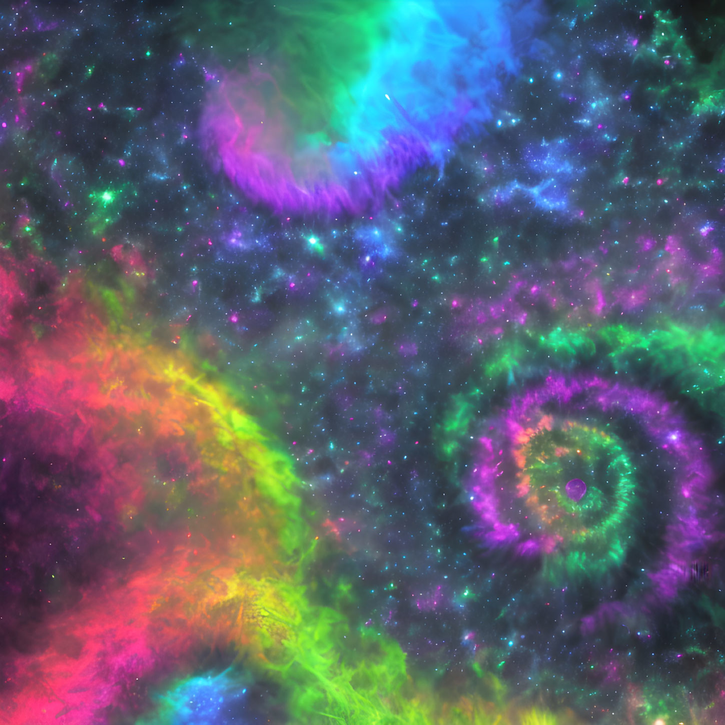 Colorful swirling galaxies in neon pink, green, and blue hues on starry space background