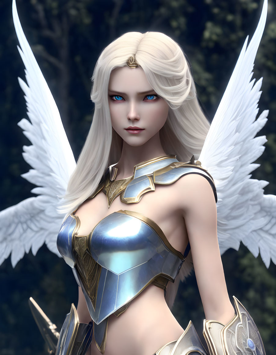 Fantasy digital art: White-haired female with angel wings in silver and gold armor, set in mystical