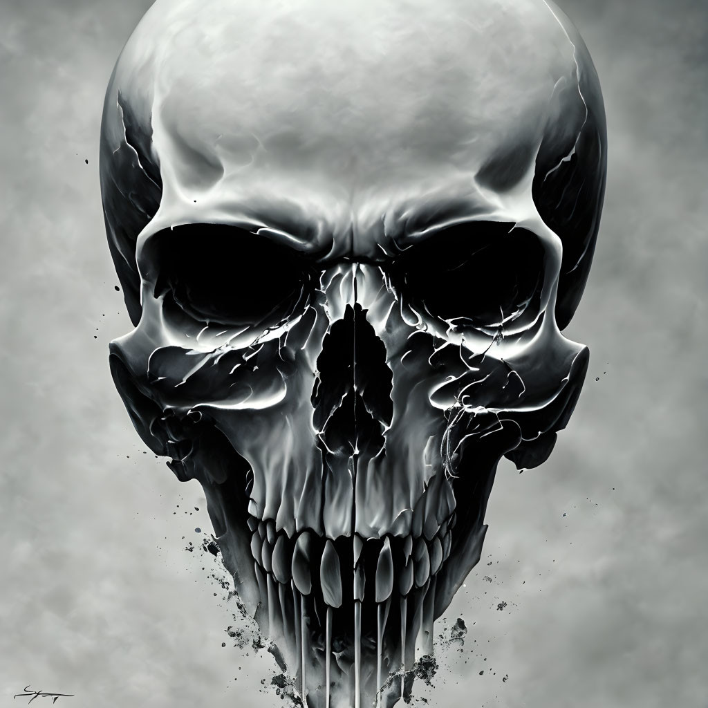 Monochromatic digital artwork: Human skull with dramatic shadows