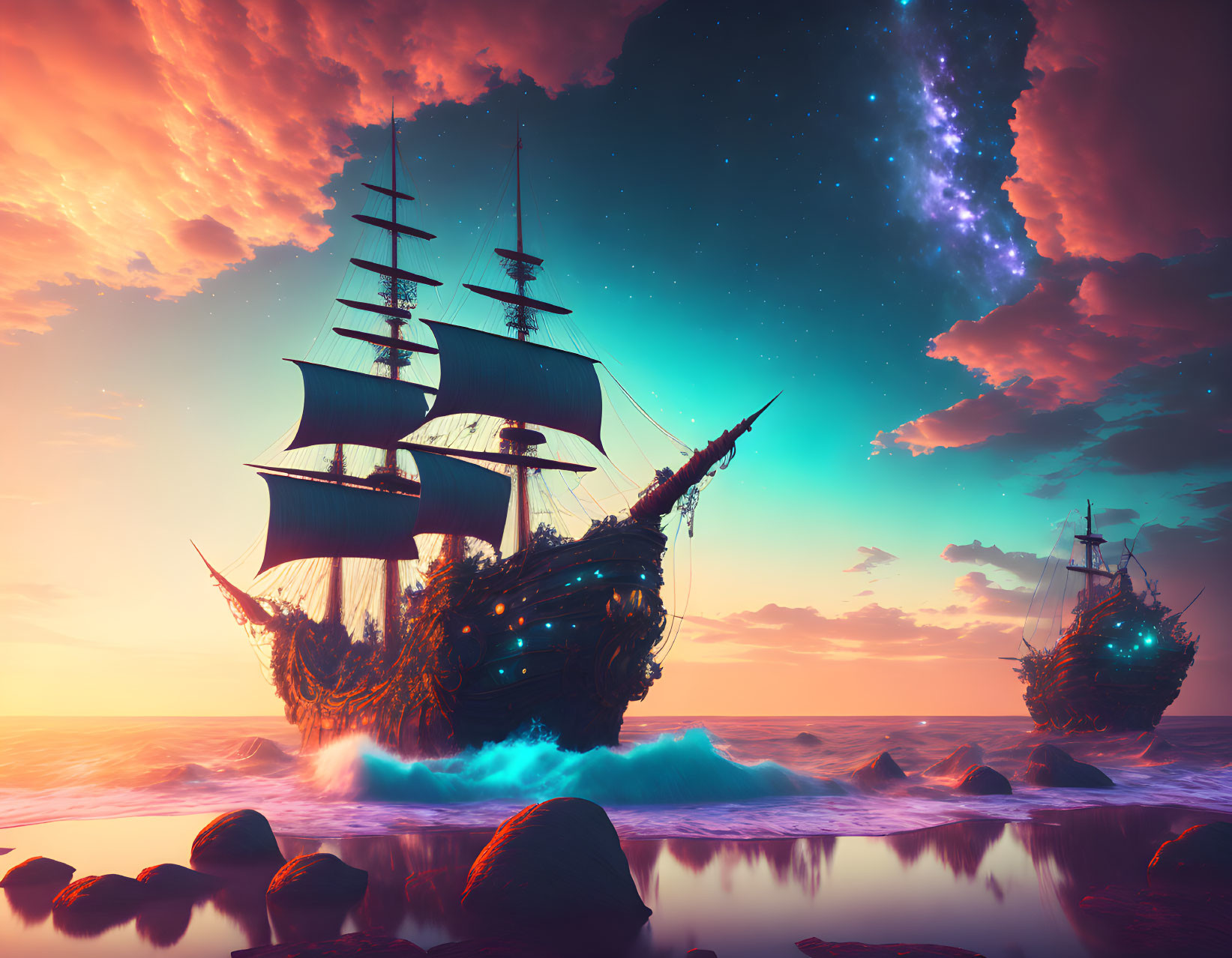 Intricately carved sailing ships on choppy seas at sunset with celestial phenomenon