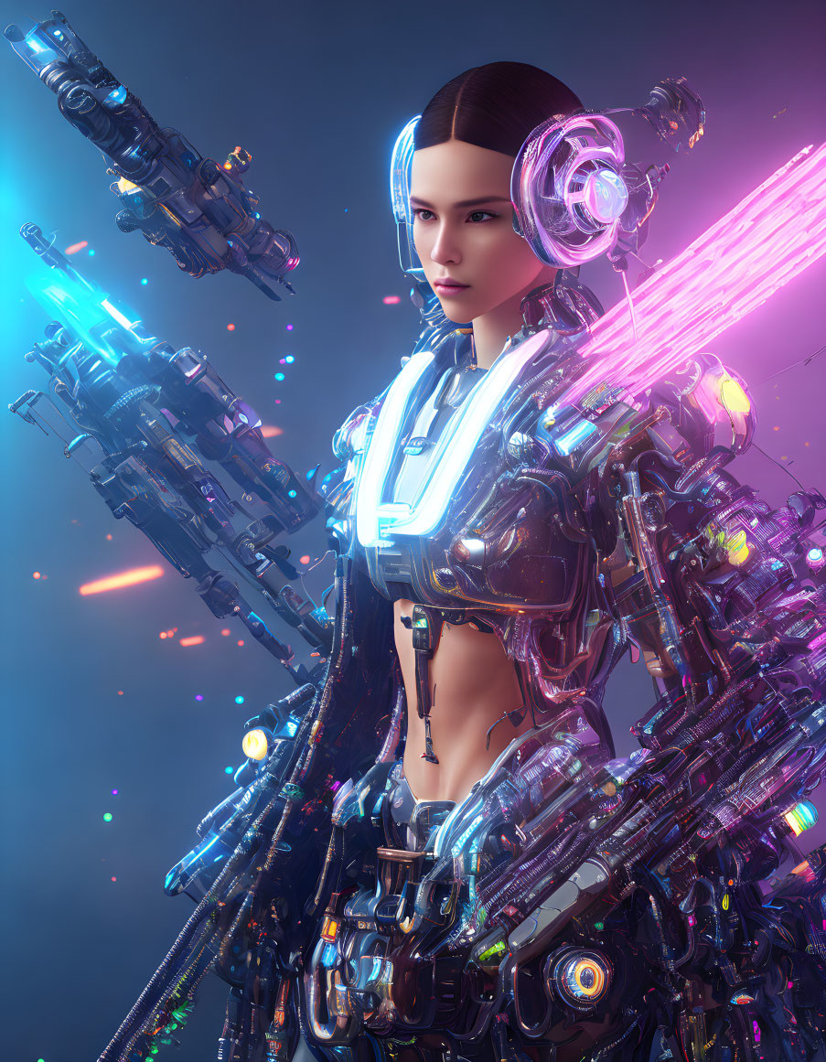 Female Cyborg in Glowing Armor & Weapons on Neon-lit Background