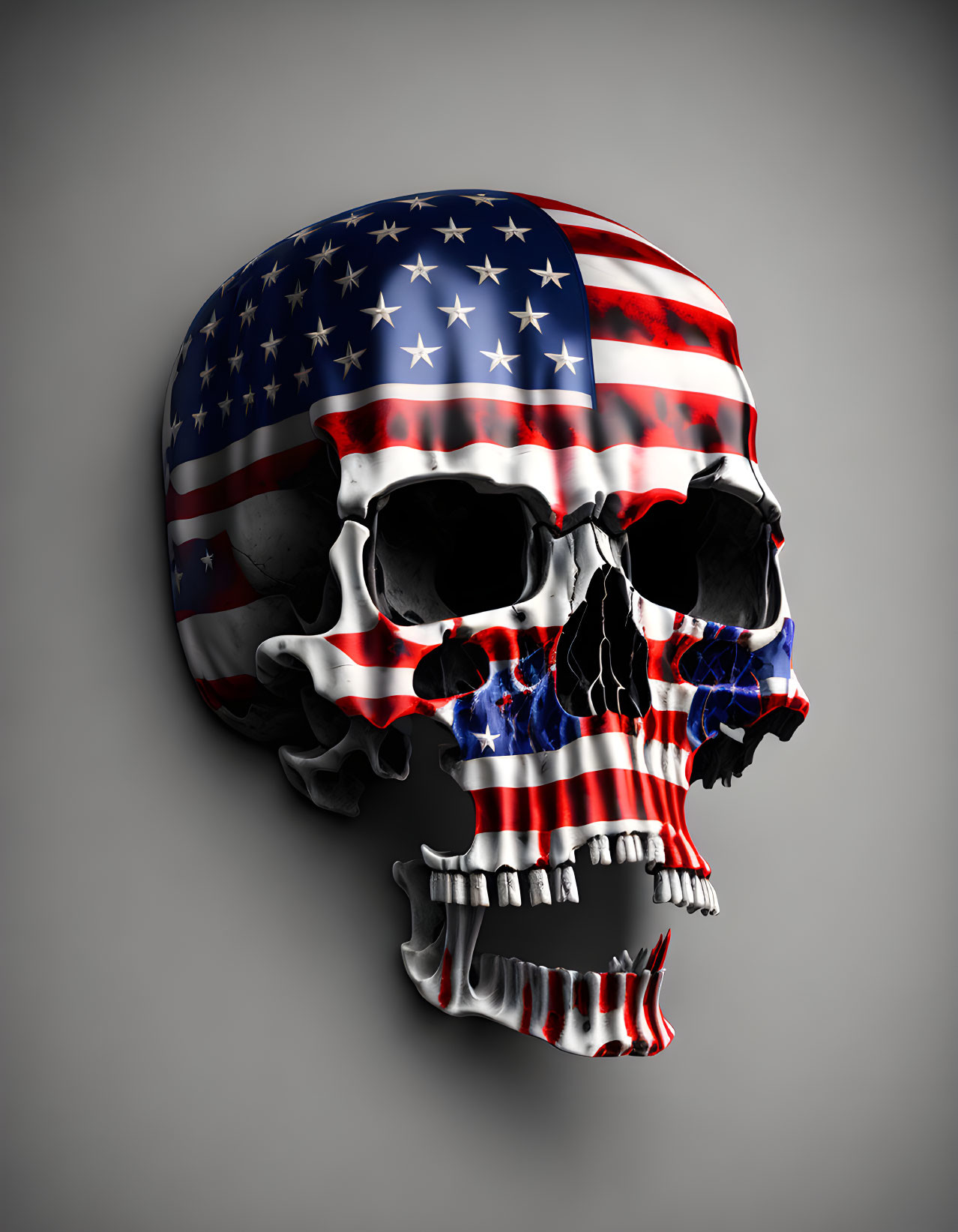 Detailed human skull with American flag on grey background