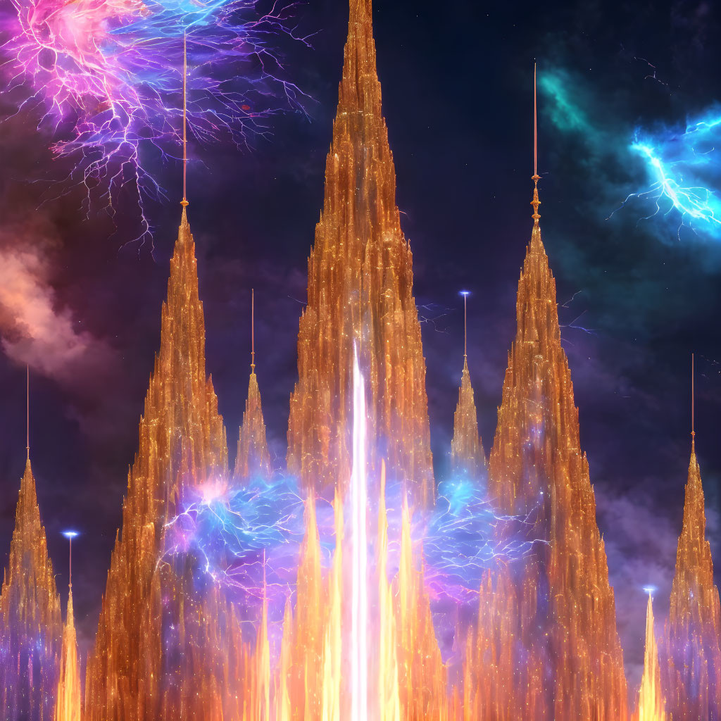 Fantastical landscape with towering spires and cosmic backdrop.