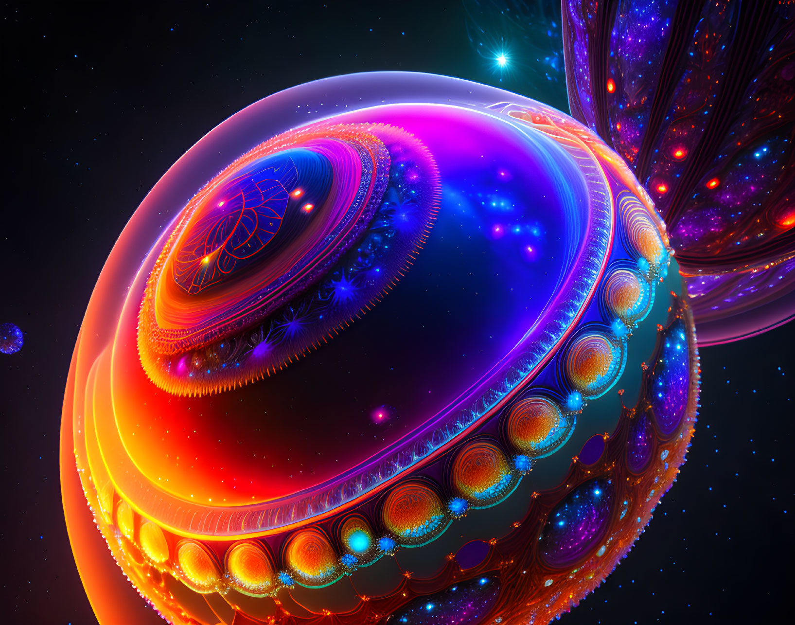 Colorful Fractal Sphere with Glowing Orbs on Cosmic Background