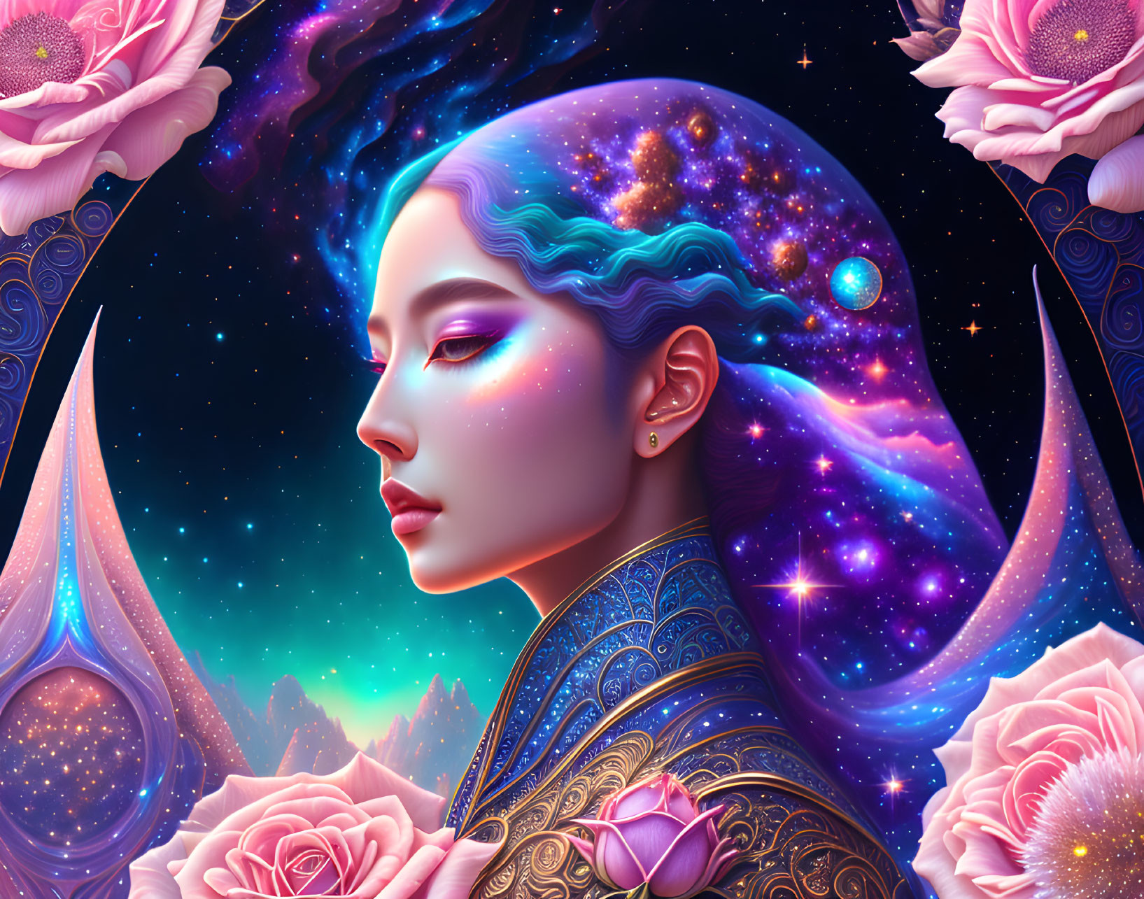 Digital artwork featuring woman with galaxy hair, roses, and celestial motifs on purple background