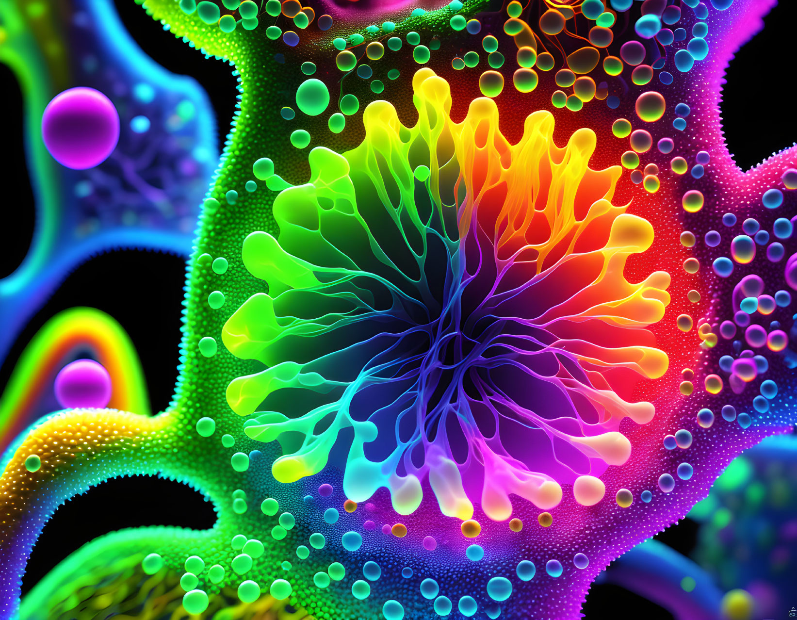 Abstract Psychedelic Digital Art: Vibrant Flower Structure with Luminescent Colors