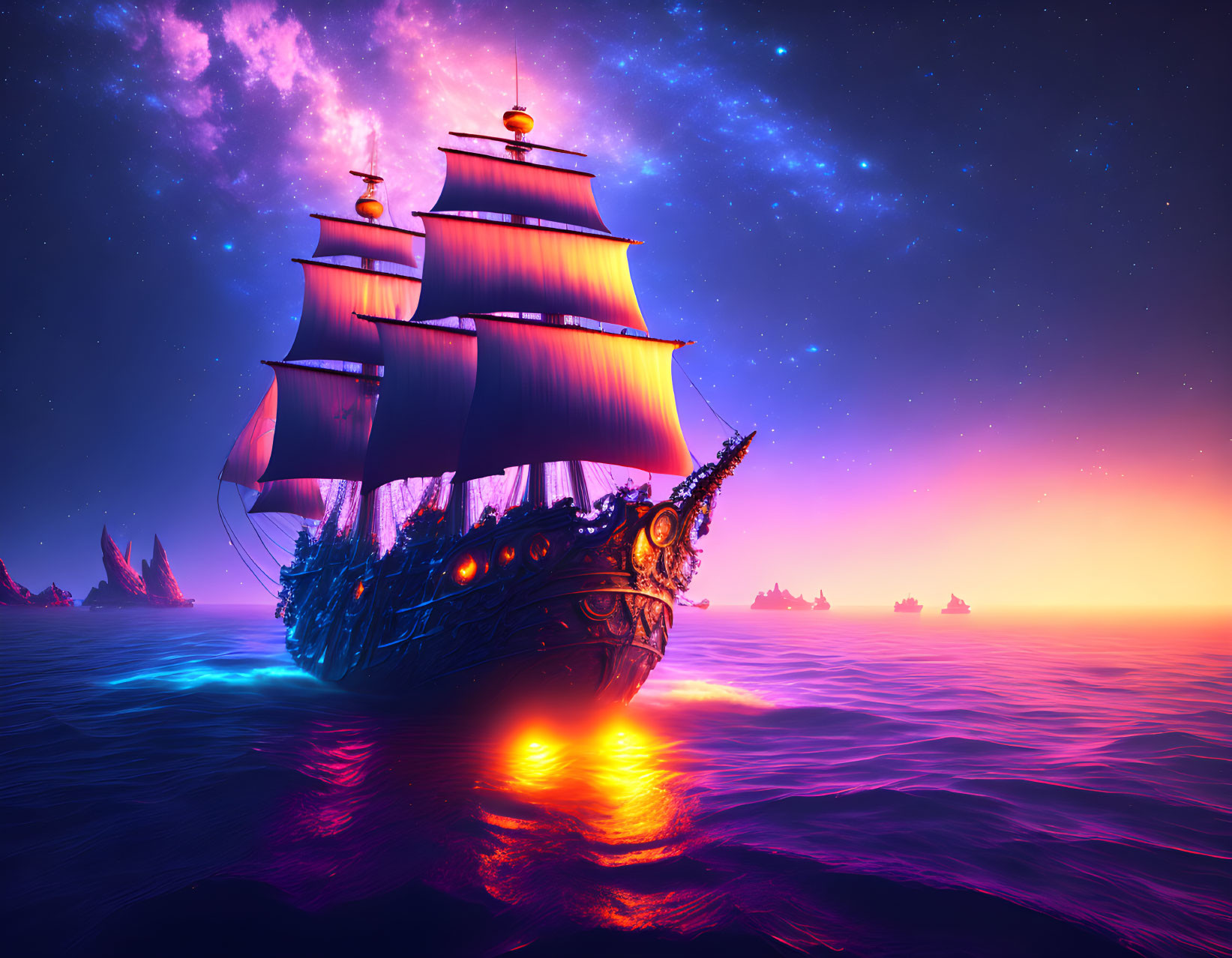   A pirate ship on a mystical sea