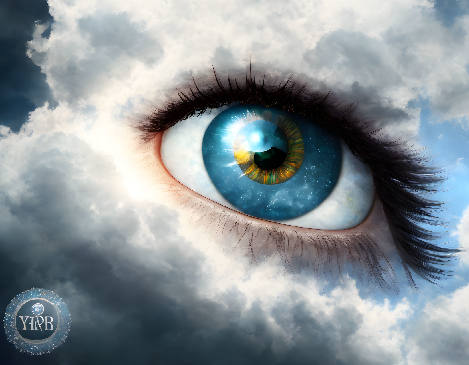 Detailed surreal close-up of an eye with clouds and celestial reflection.