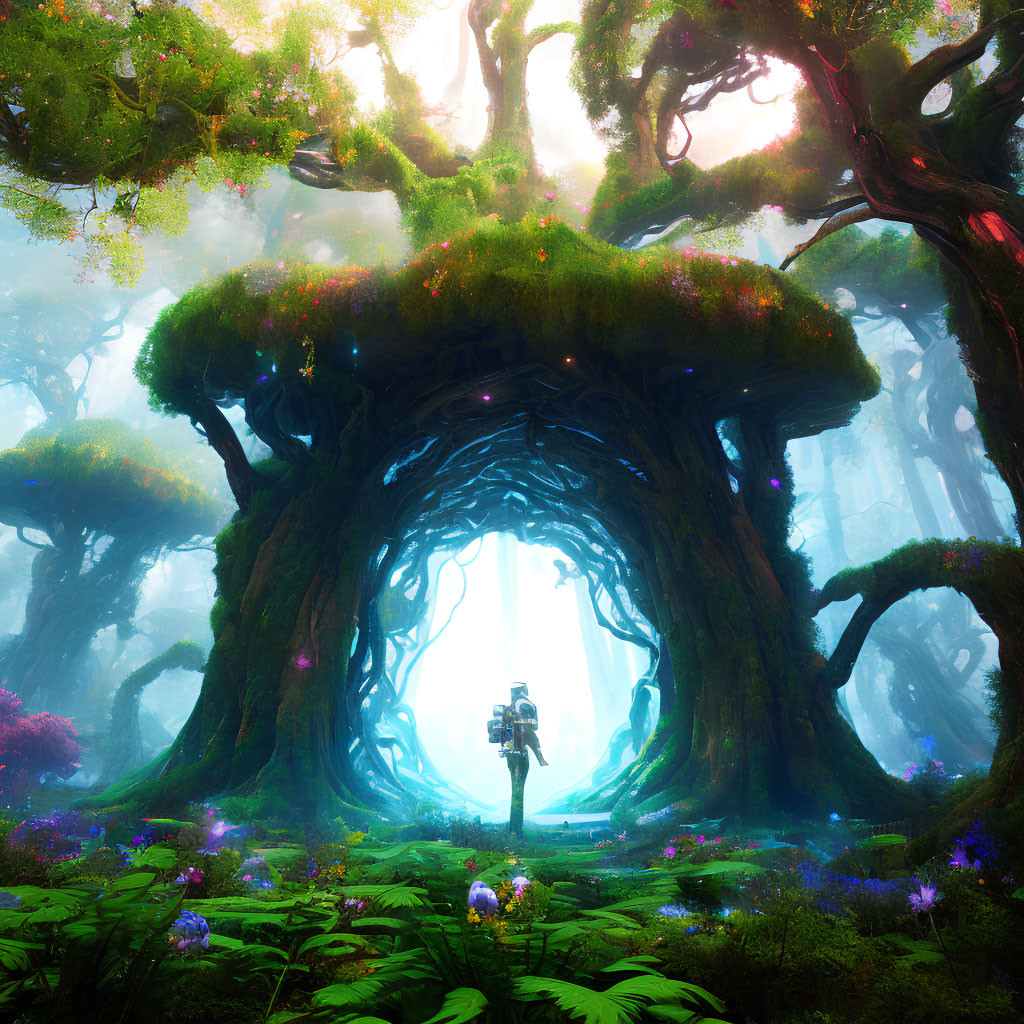 Enchanting forest scene with giant tree archway and silhouetted figure