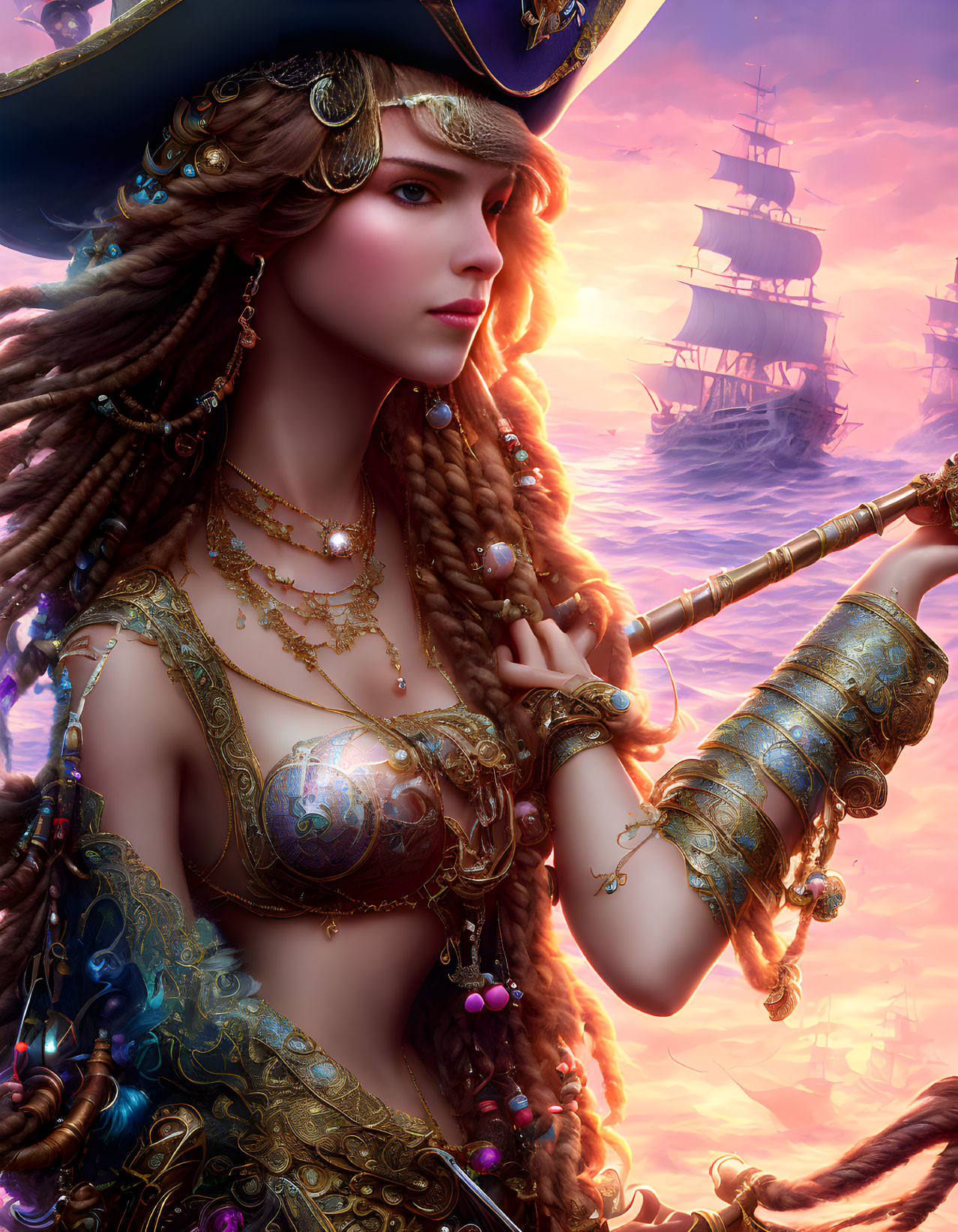 Detailed female pirate illustration with golden attire and telescope against sunset backdrop.